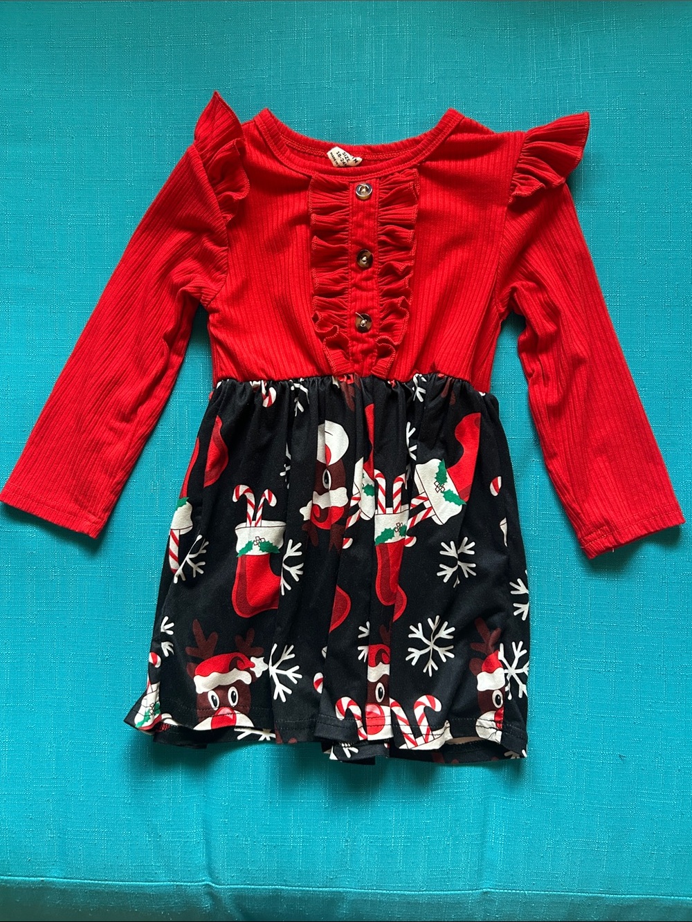 SHEIN Red & Black Holiday Reindeer Ruffle Dress for Girls